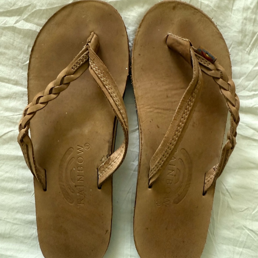 Rainbow Tan Sandals with Braided Leather Straps and Arch Support